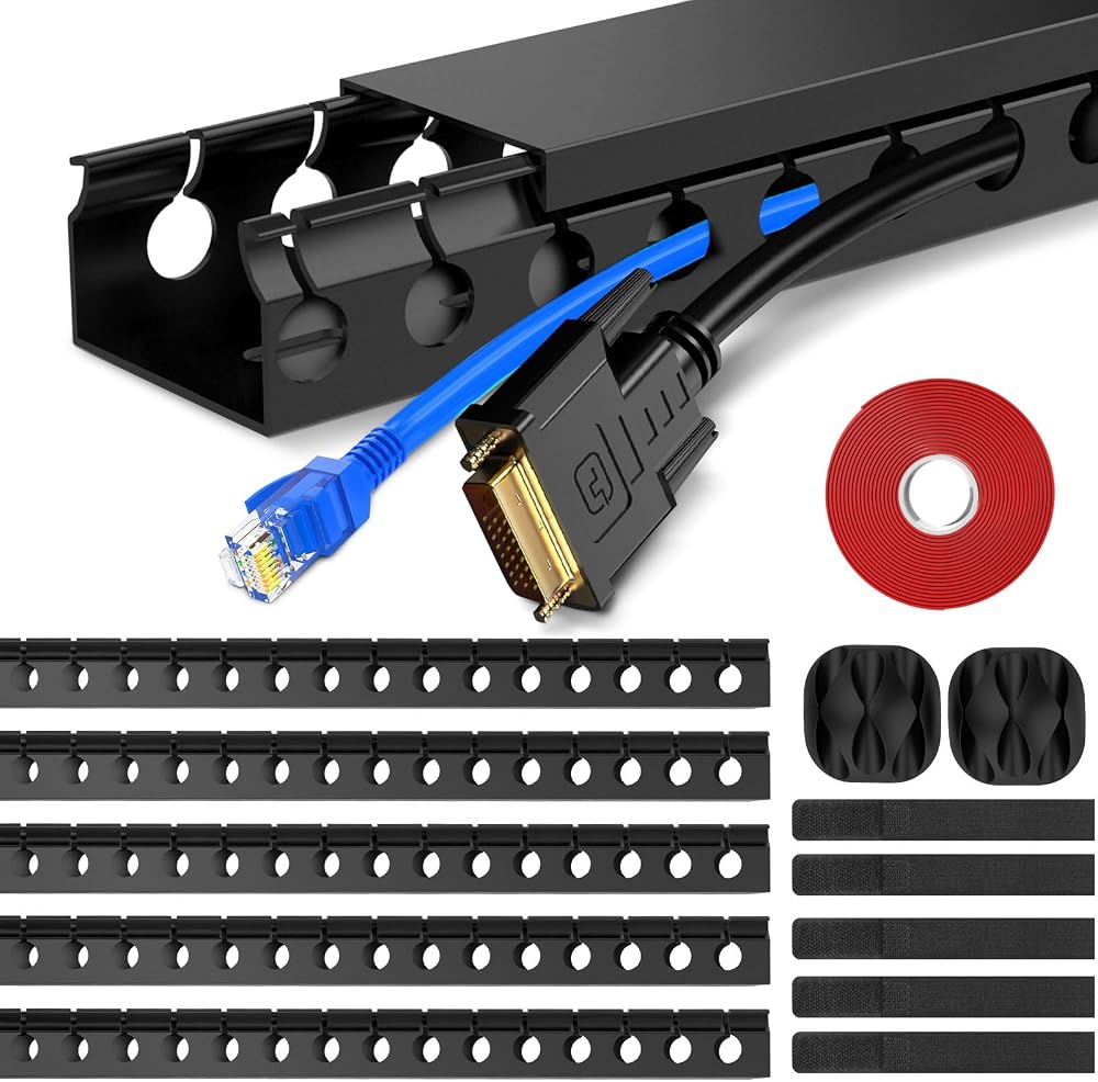 REFLYING 5 Pieces Cable Trunkings Concealer Kit 1.85M Open Slot Raceway Black