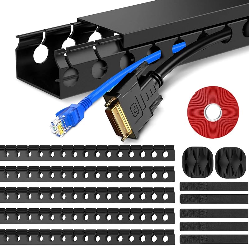 REFLYING 5 Pieces Cable Trunkings Concealer Kit 1.85M Open Slot Raceway Black