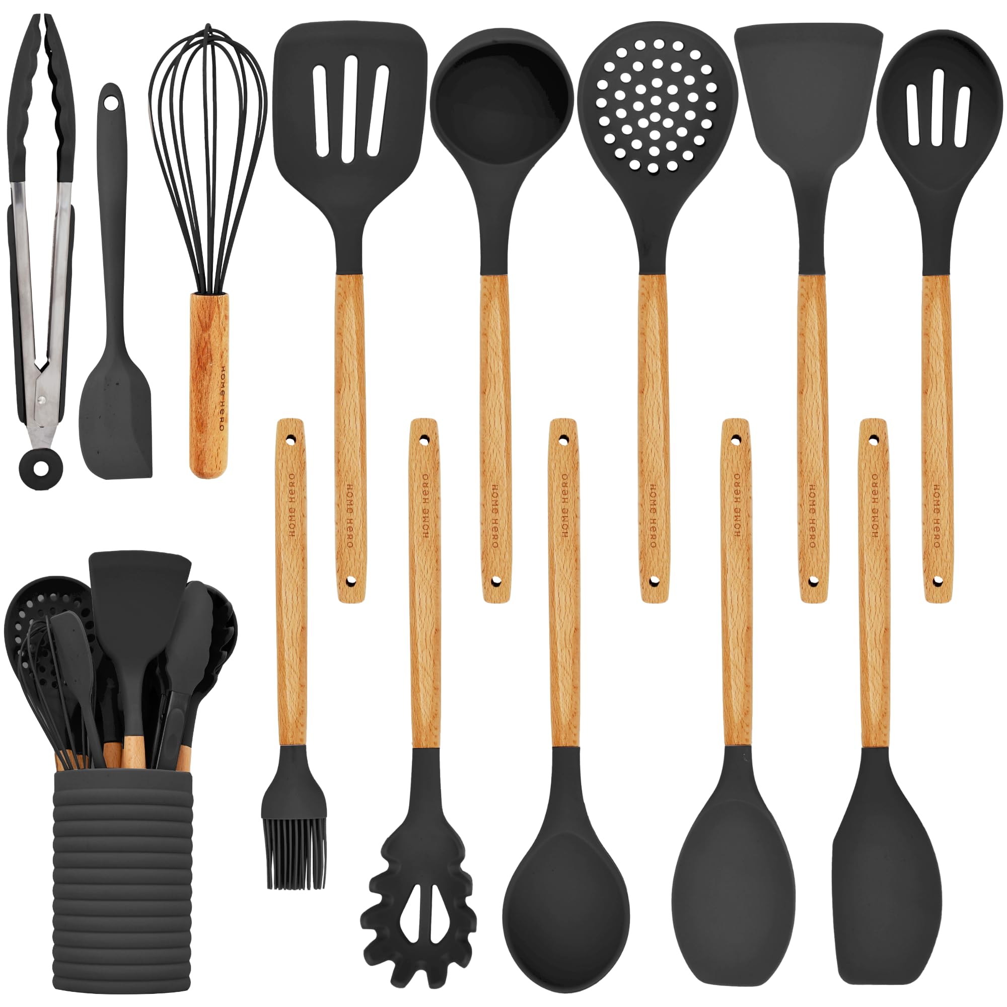 Photo 1 of Home Hero Silicone Kitchen Utensils Set with Wooden Handle - Non-Stick Silicone Cooking Utensils Set - BPA Free Silicone Spatula Set - Heat Resistant Wooden Kitchen Utensil Set (14 Pcs - Black)