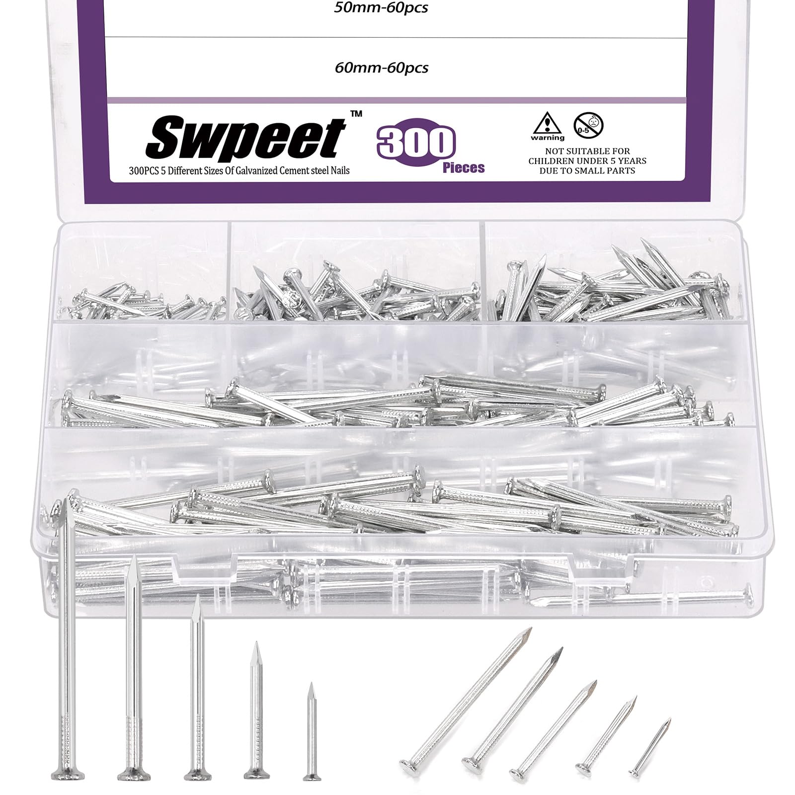 Swpeet 300Pcs 5 Sizes 3/4" 1-1/4" 1-3/5" 2" 2-3/8" Hardware Nails Assortment Kit，Steel Nail, Galvanized Nails, Small Nails, Finishing Nails, Wall Nails, Wood Nails, Nails for Concrete Brick