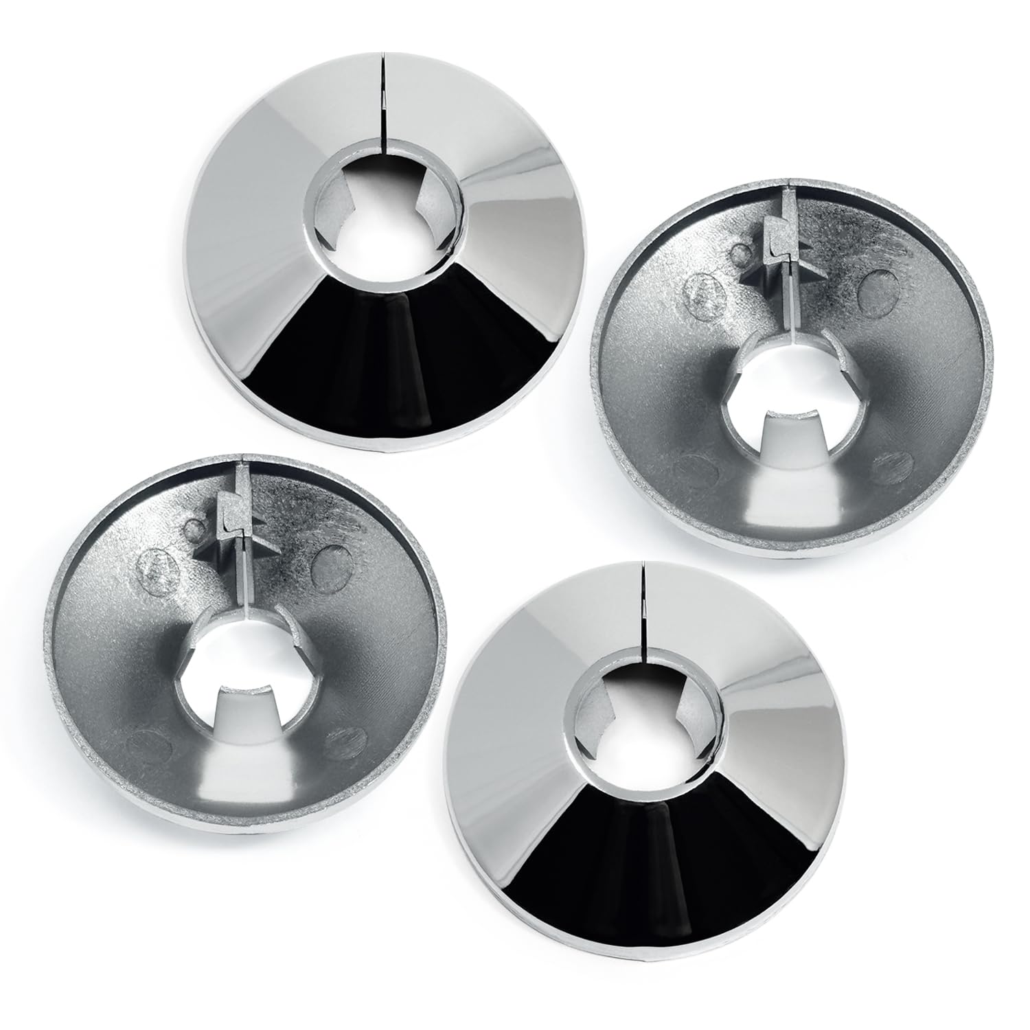 Radiator Pipe Covers Chrome - Pack of 4 Radiator Collars 15mm, 4.5cm Wide Snap OnPlastic Cover to Hide Radiator Pipes Base