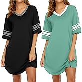 Ekouaer Nightgowns for Women 2 Pack Sleepshirts Short Sleeve Nightshirt V Neck Sleepwear Casual Pajama Dress