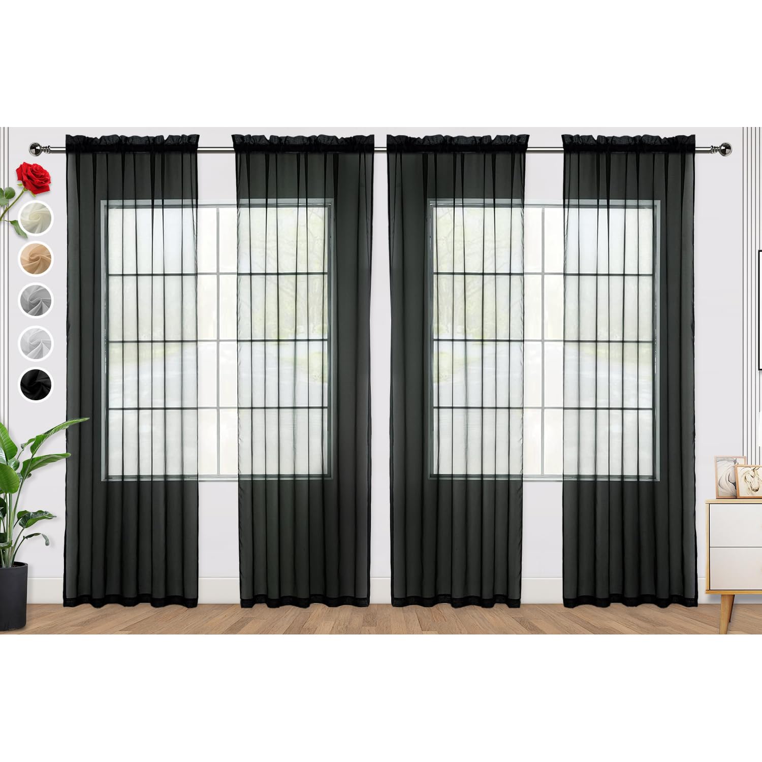 SpaceDresser Black Sheer Curtains 4 Panels Rod Pocket Semi-Sheer Curtain 96 Inches Long Light Filtering Voile Window Drapes for Bedroom Living Room Kitchen, Each 52W x 96L Image