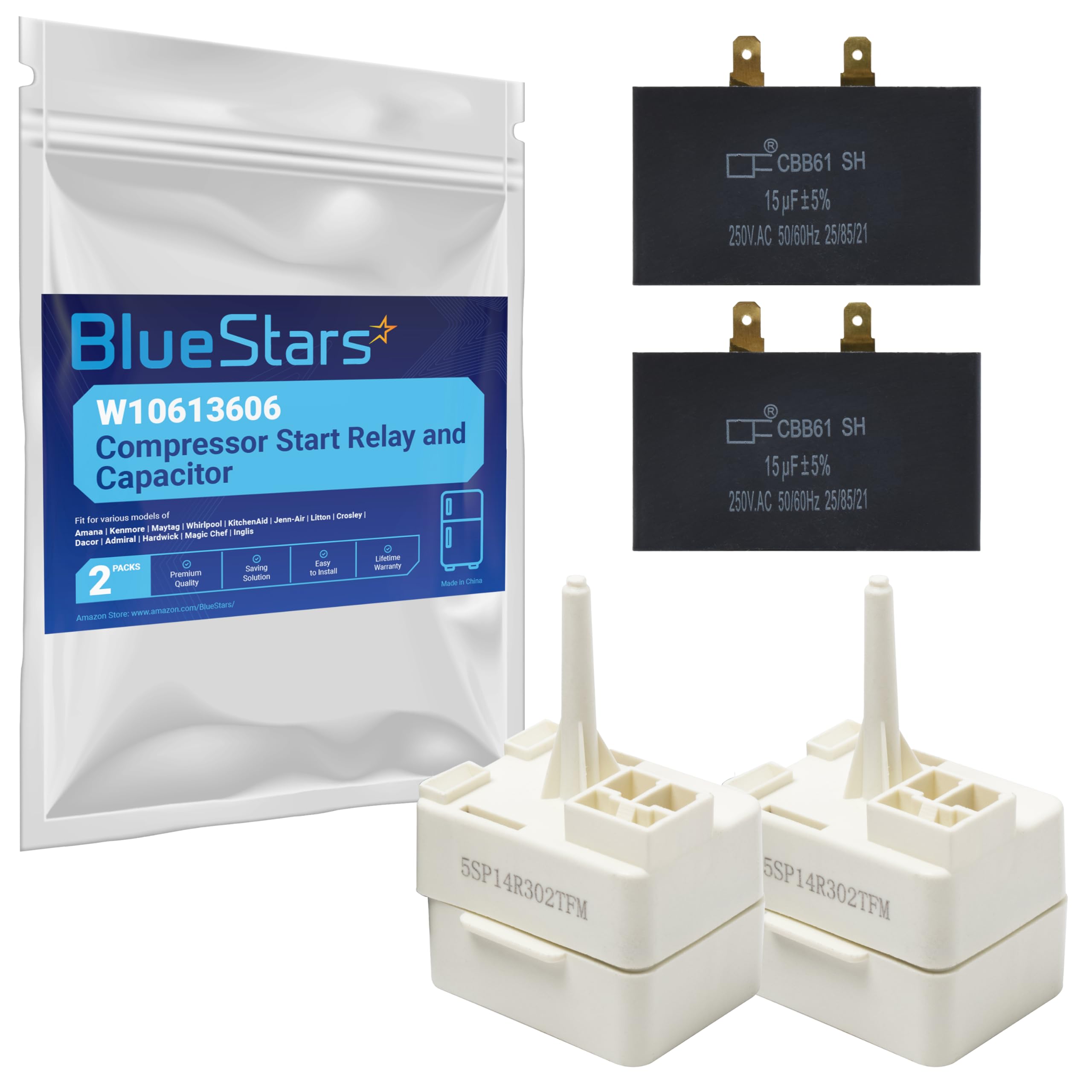 Photo 1 of BlueStars 2 Packs W10613606 Refrigerator Compressor Start Relay and Capacitor - Compatible with Whirlpool KitchenAid Kenmore Refrigerators - Replaces W10416065 PS8746522 67003186
