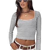WDIRARA Women's Striped Tee Shirt Ribbed Long Sleeve Slim Fit Crop Tops