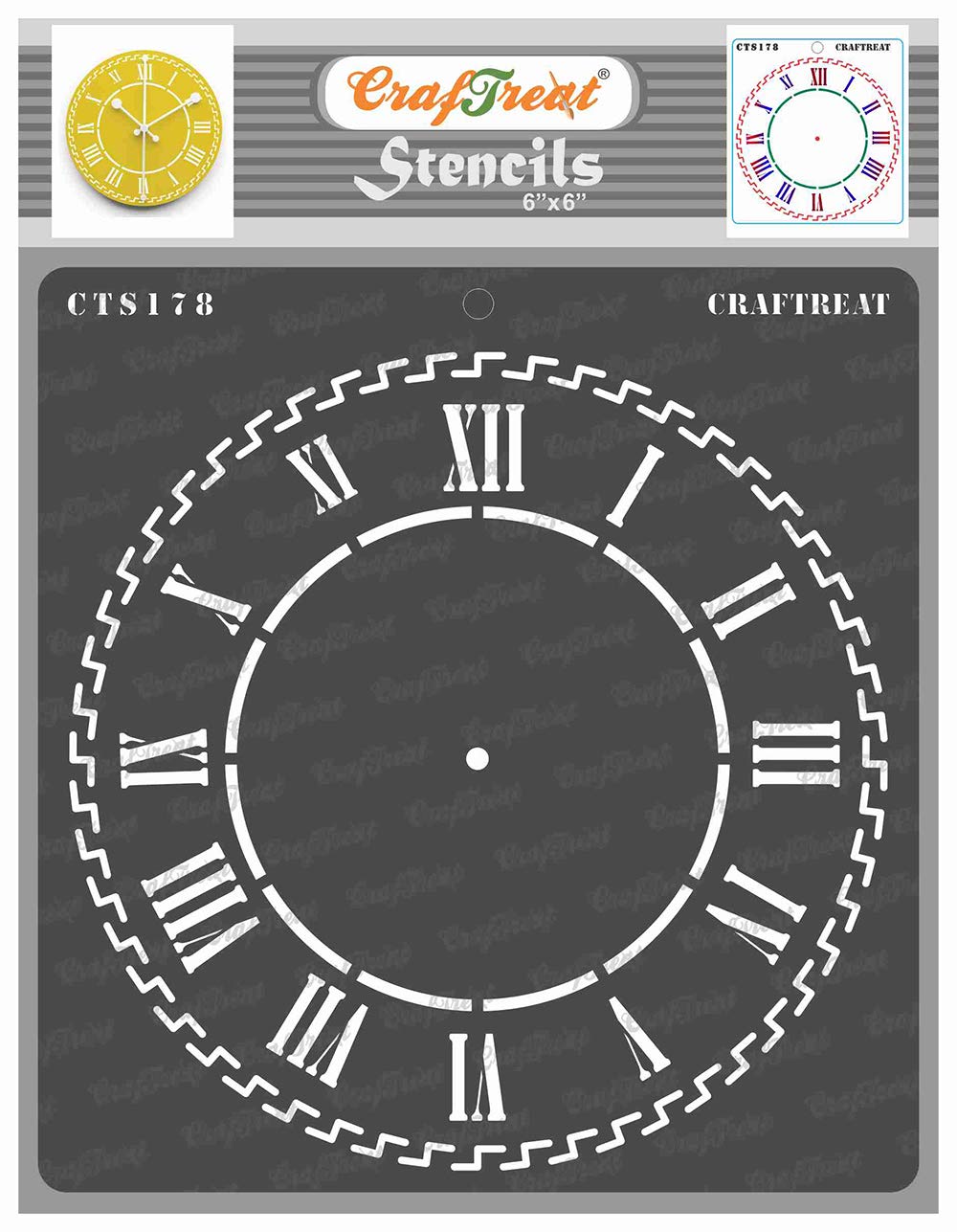 CrafTreat Reusable Stencils for Painting on Wood, Canvas, Paper, Fabric, Floor, Wall and Tile - Roman Numeral Clock - 6x6 Inch - DIY Art and Craft Stencils - Clock Face Stencil