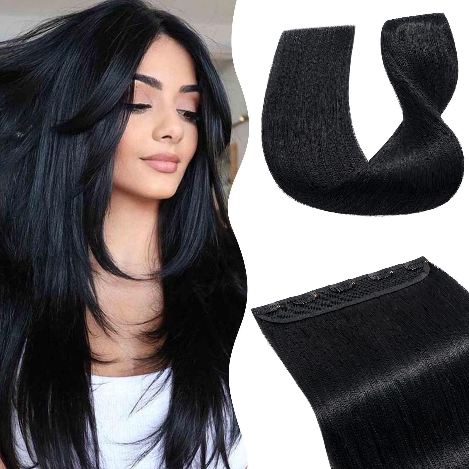TESS Clip In Hair Extension Remy,Hair Extensions Real Human Hair One Peice 5 Clips Straight Natural Hairpieces for Womens/Girls(#1 Jet Black,12Inch) — image 1