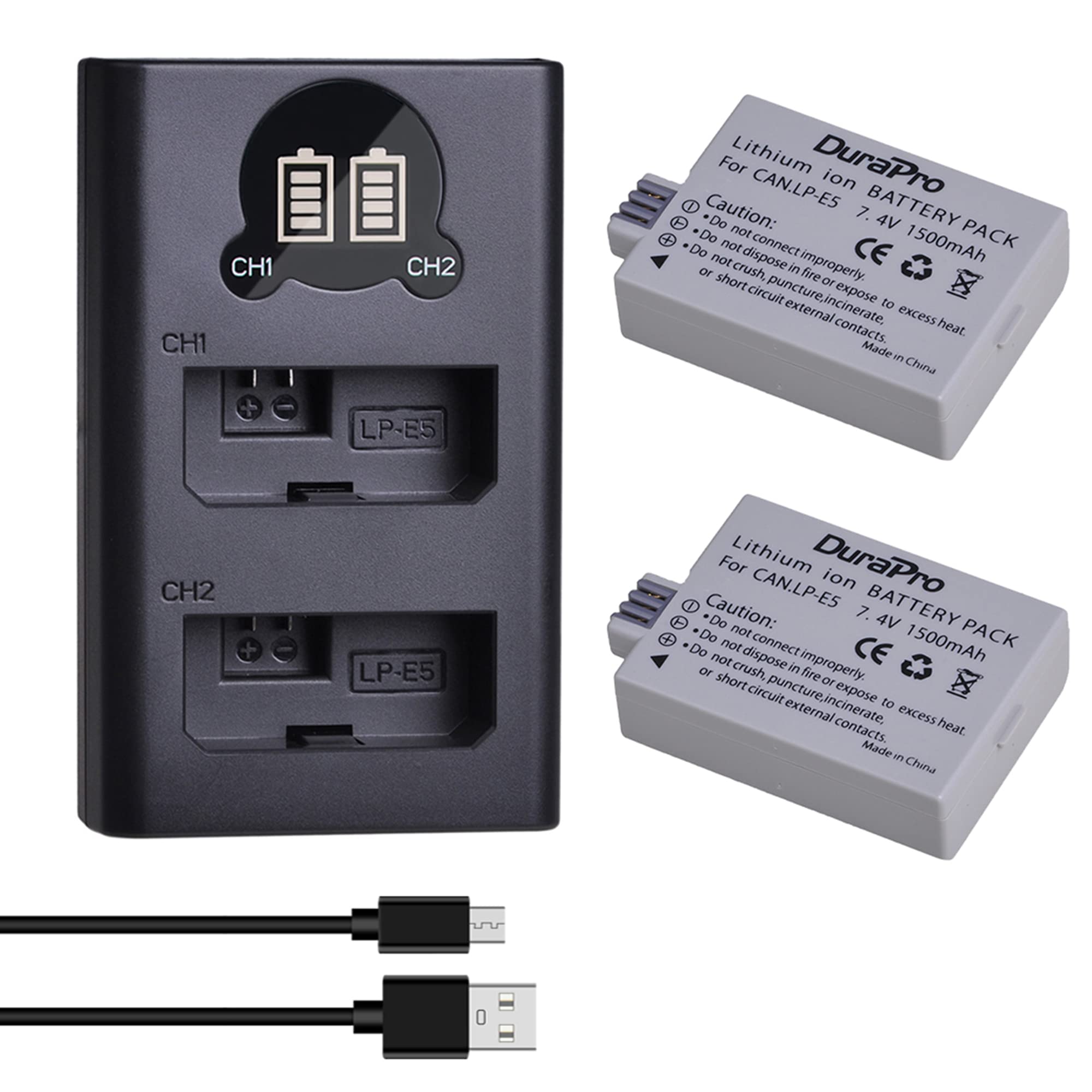DuraPro 2Pcs LP-E5 Battery + LED USB Dual Charger with Type C Port for Canon LP-E5 and Canon EOS Rebel XS, Rebel T1i, Rebel XSi, 1000D, 500D, 450D, Kiss X3, Kiss X2, Kiss F Cameras