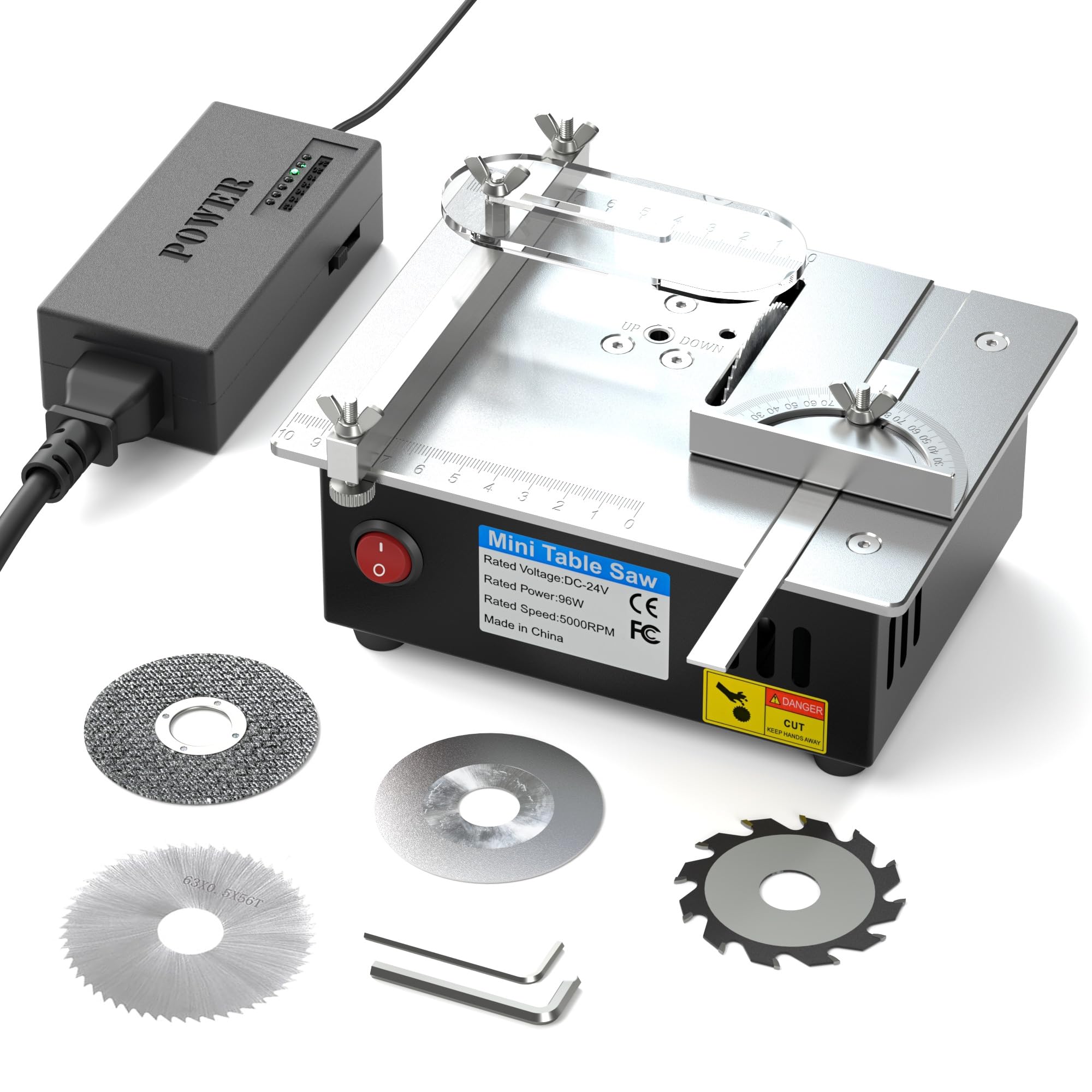 Photo 1 of 96W Precise Mini Table Saw, Adjustable Cut Depth and Angle, 4 Blades, 7-Level Speed Adjustable, for DIY Woodworking Metal Plastic Cutting