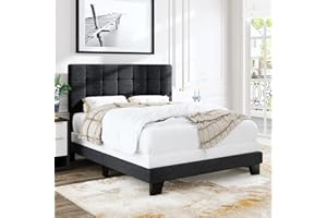 Allewie Full Size Panel Bed Frame with Adjustable Headboard for High Profile/Fabric Upholstered/Square Stitched Padded Headboard/Box Spring or Bunkie Board Required/Dark Grey