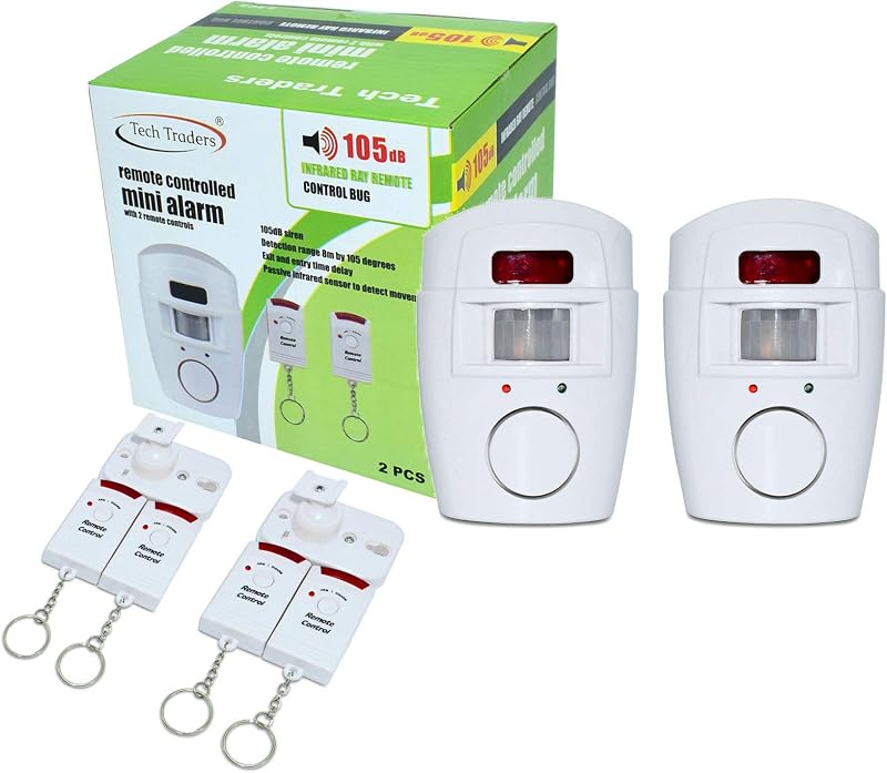 Tech Traders Wireless PIR Motion Sensor Alarm 105dB White 2 Remote Controls