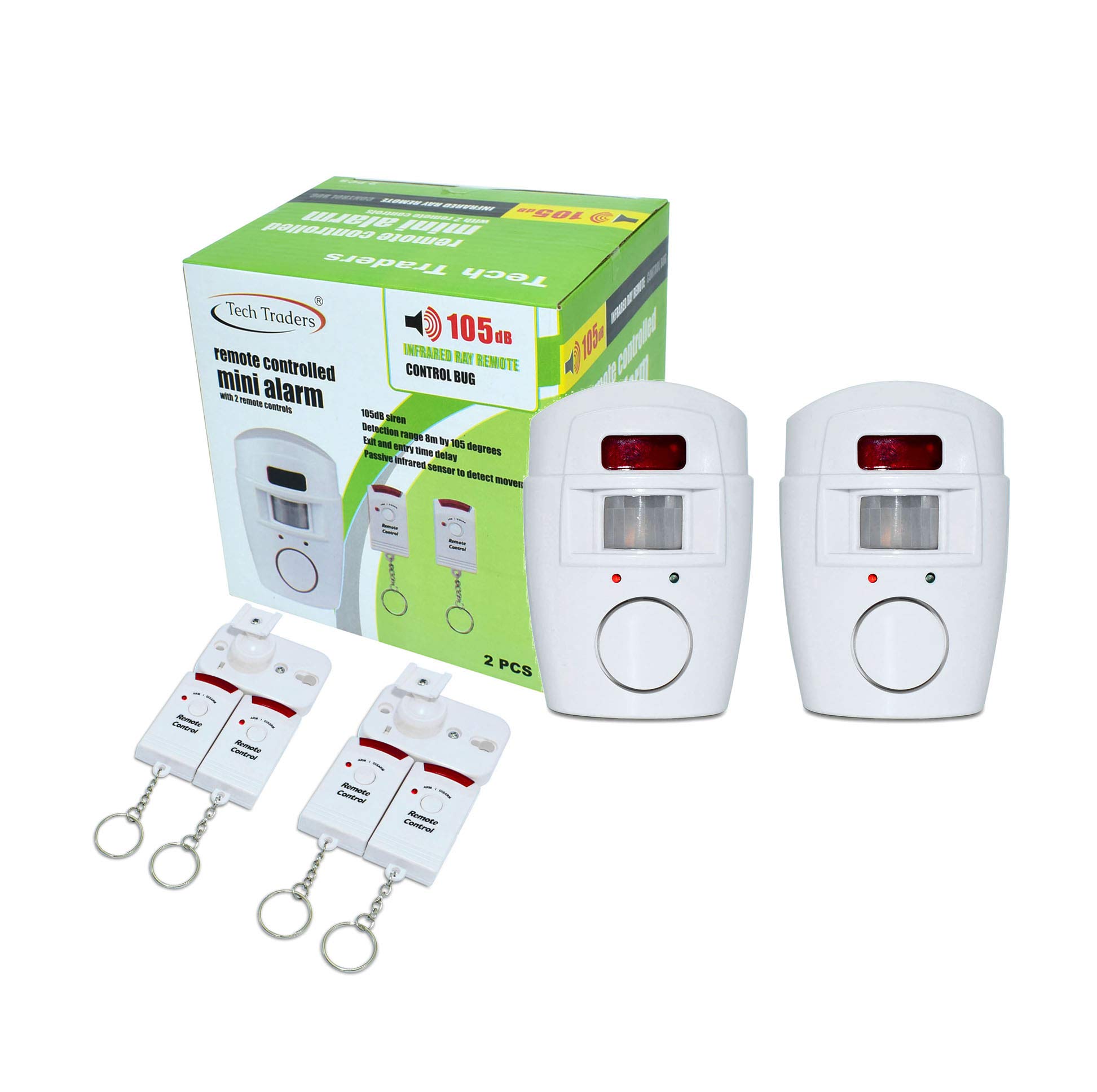 Tech Traders Wireless Pir Motion Sensor Alarm Plus 2 Remote Controls Shed Home Garage Caravan, White [2 Pack]