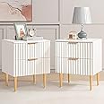 SICOTAS White Night Stand Set 2, Wide Fluted Nightstand with 2 Drawers, Modern Glossy Storage Bedside Table for Bedroom, End Side Table with Golden Metal Legs and Handles（2, White）