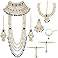Aheli Traditional Wedding Indian Heavy Bridal Jewelry Set Long Choker Necklace Earrings Maang Tikka Nath Paasa Hath Phool In Faux Kundan Beads Gift for Women