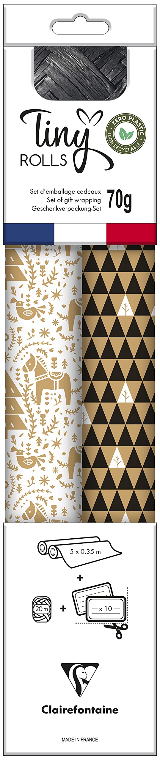 Clairefontaine 223888C- Zero Plastic Gift Wrapping Kit - 2 Rolls Recycled Kraft Wrapping Paper 5mx35cm - Roll of Ribbon 20m + 10 Die-Cut Gift Tags - Black/White