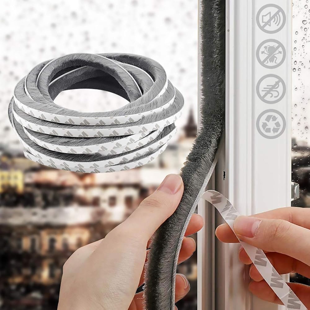HIZH Draught Excluder Tape Adhesive Brush Weather Stripping 5m Grey