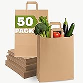 Qutuus Brown Paper Grocery Bags with Handles, Large Brown Paper Bags with Handles Bulk, 12x7x17 inches 50pcs Large Grocery Bag