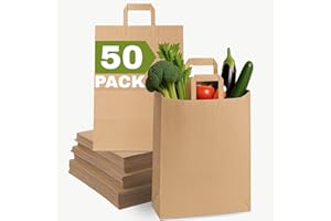 Qutuus Brown Paper Grocery Bags with Handles, Large Brown Paper Bags with Handles Bulk, 12x7x17 inches 50pcs Large Grocery Bag