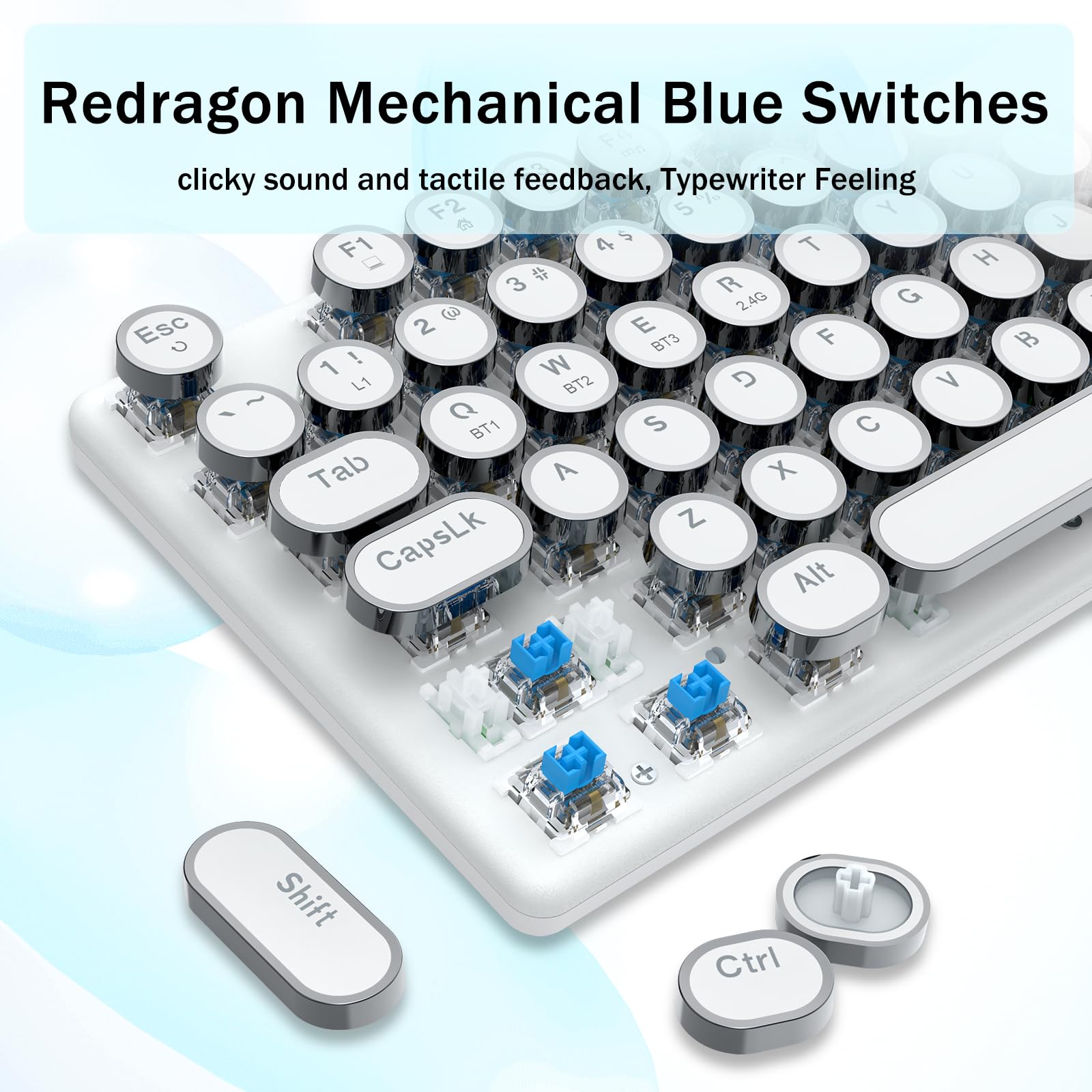 Redragon K710 Wireless Typewriter Mechanical Gaming Keyboard, Bluetooth/2.4Ghz/Wired, RGB Backlit, Blue Switch - Clicky, Rechargeable, Metal Panel, Round Keycaps, White