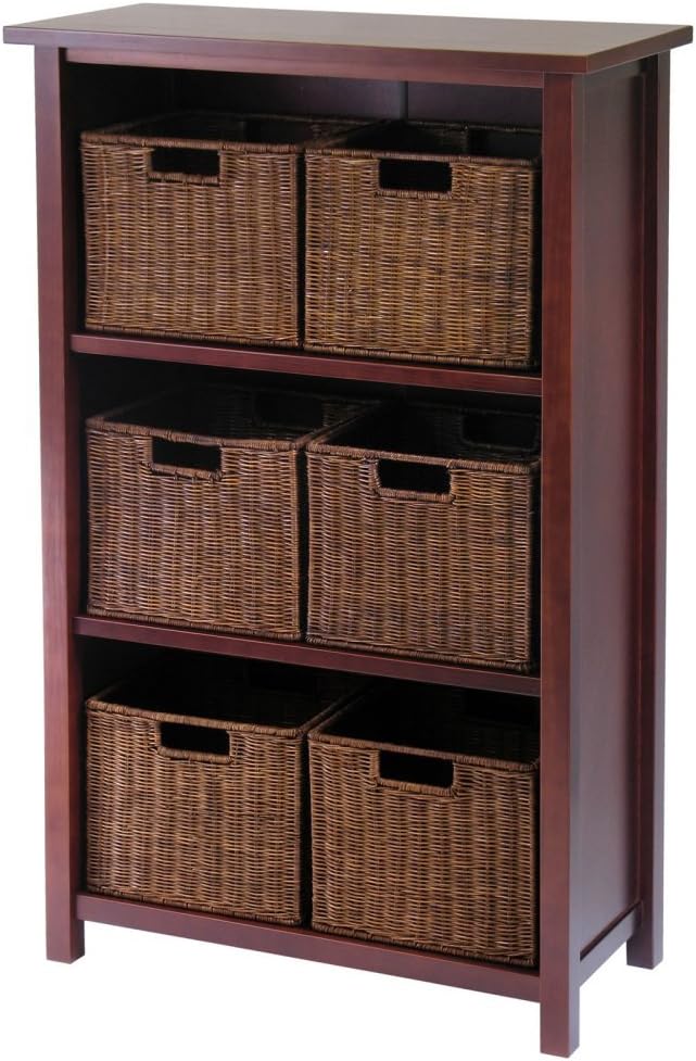 Winsome Milan 7 Piece Cabinet Shelf with 6 Small Baskets in Antique Walnut Finish