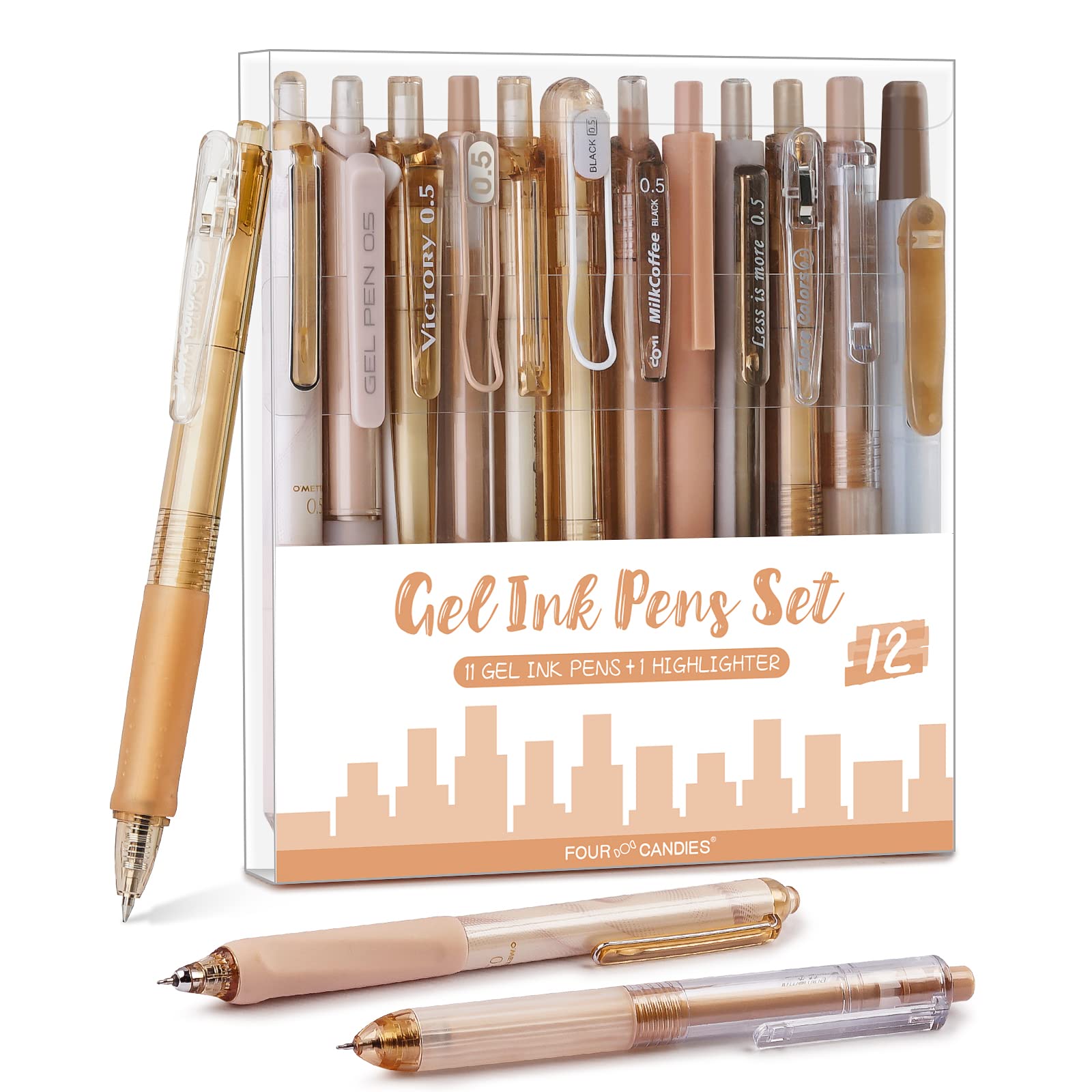 Photo 1 of Four Candies Moor Series Gel Pens, Aesthetic Black & Brown Ink Pens with 0.5 mm Fine Point, Boho School Office Supplies Neutral Beige Desk Accessories, Set of 12
