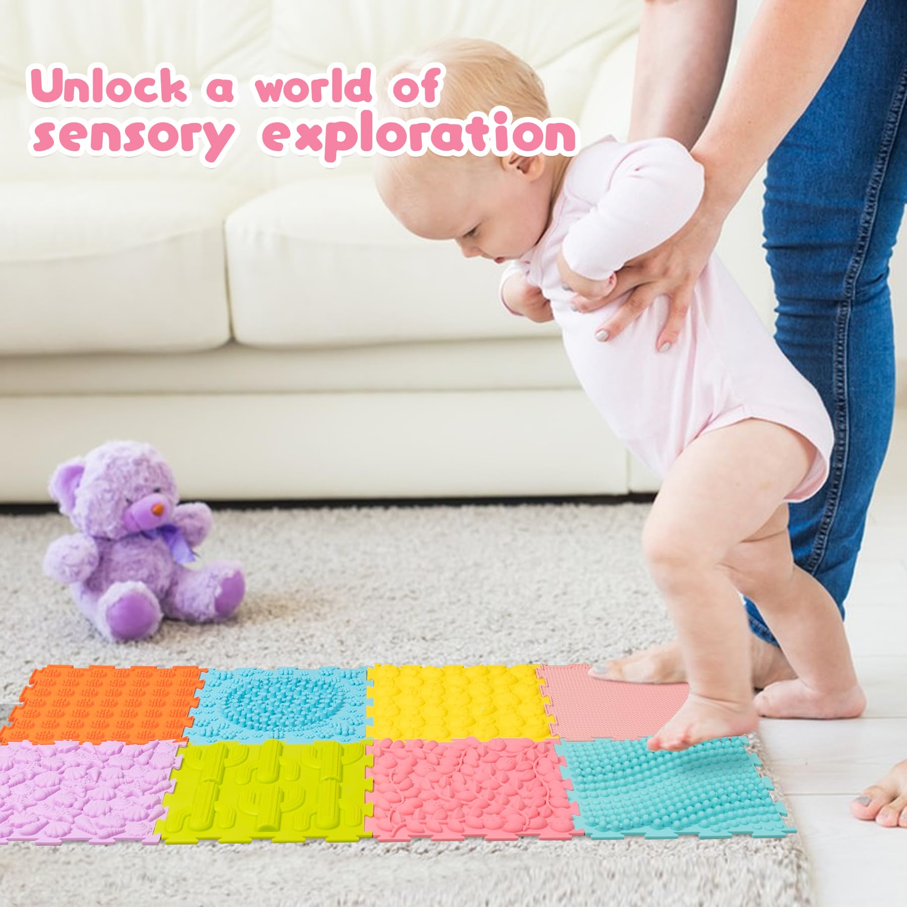 8 Pcs Sensory Mats, Sensory Tiles Puzzle Floor Mat for Kids Sensory Room Items，Different Patterns and Colors - Silicone Massage Orthopedic Mat for Children with Autism