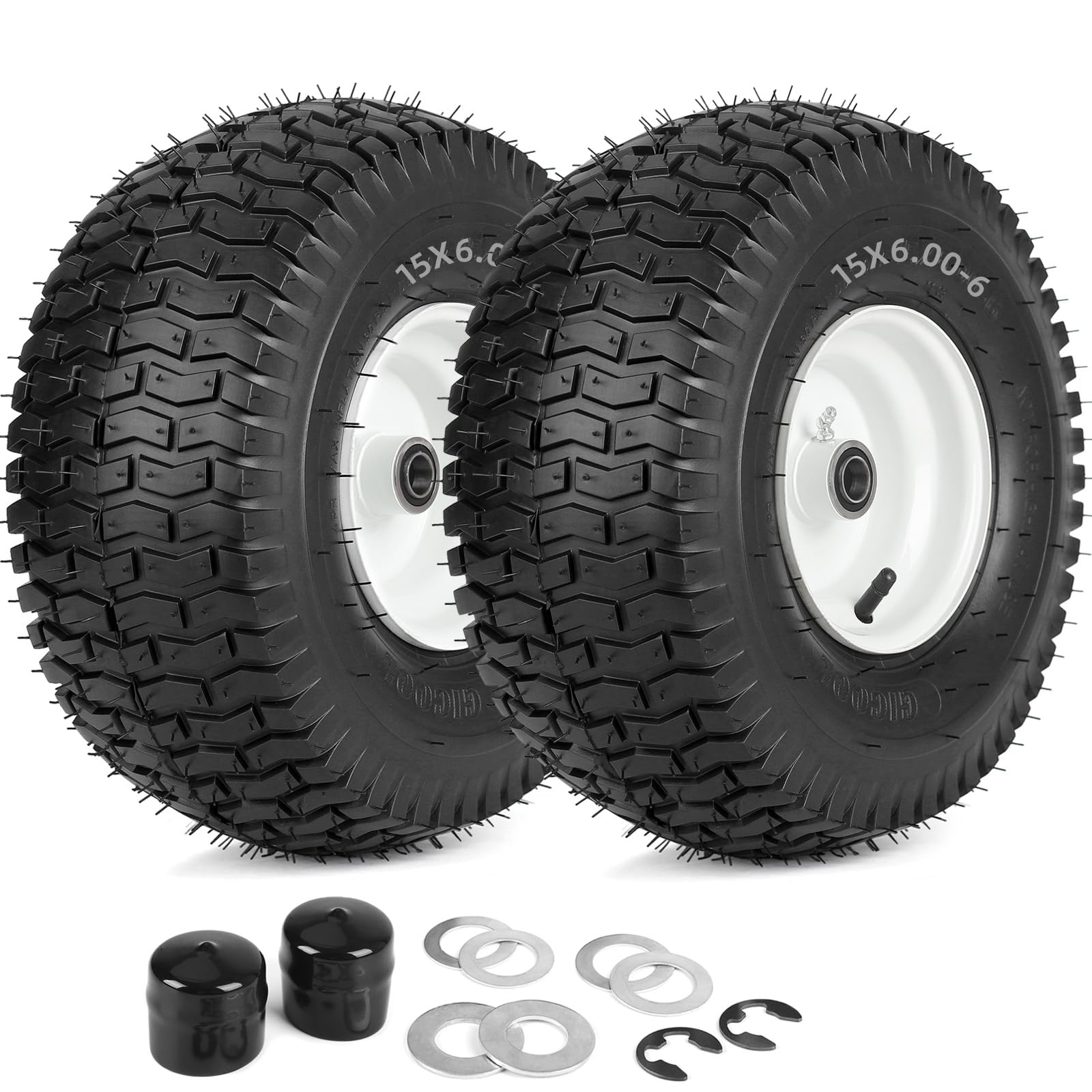 Photo 1 of GICOOL 15x6.00-6 Rubber Lawn Mower Tire and Wheel, 2 Pcs Replacement 15x6-6nhs Riding Mowers Lawn Tire and Wheel with Bearing Bore 3/4", 3" Centered Hub