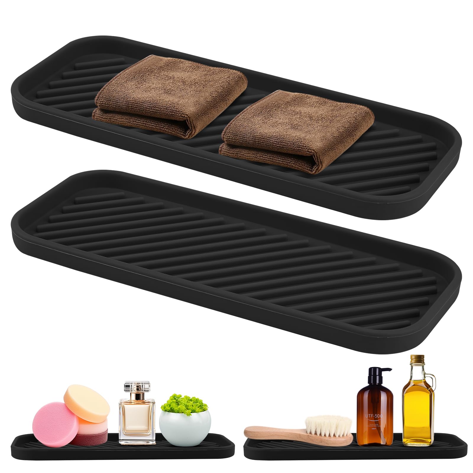 TAIHOBO 2PCS Silicone Kitchen Sink Organiser, Silicone Kitchen Tray Soap Tray, Non-Slip Bathroom Tray Organiser Kitchen Sink Sponge Holder for Cups Detergent, Brushes or Potted Plants (Black)