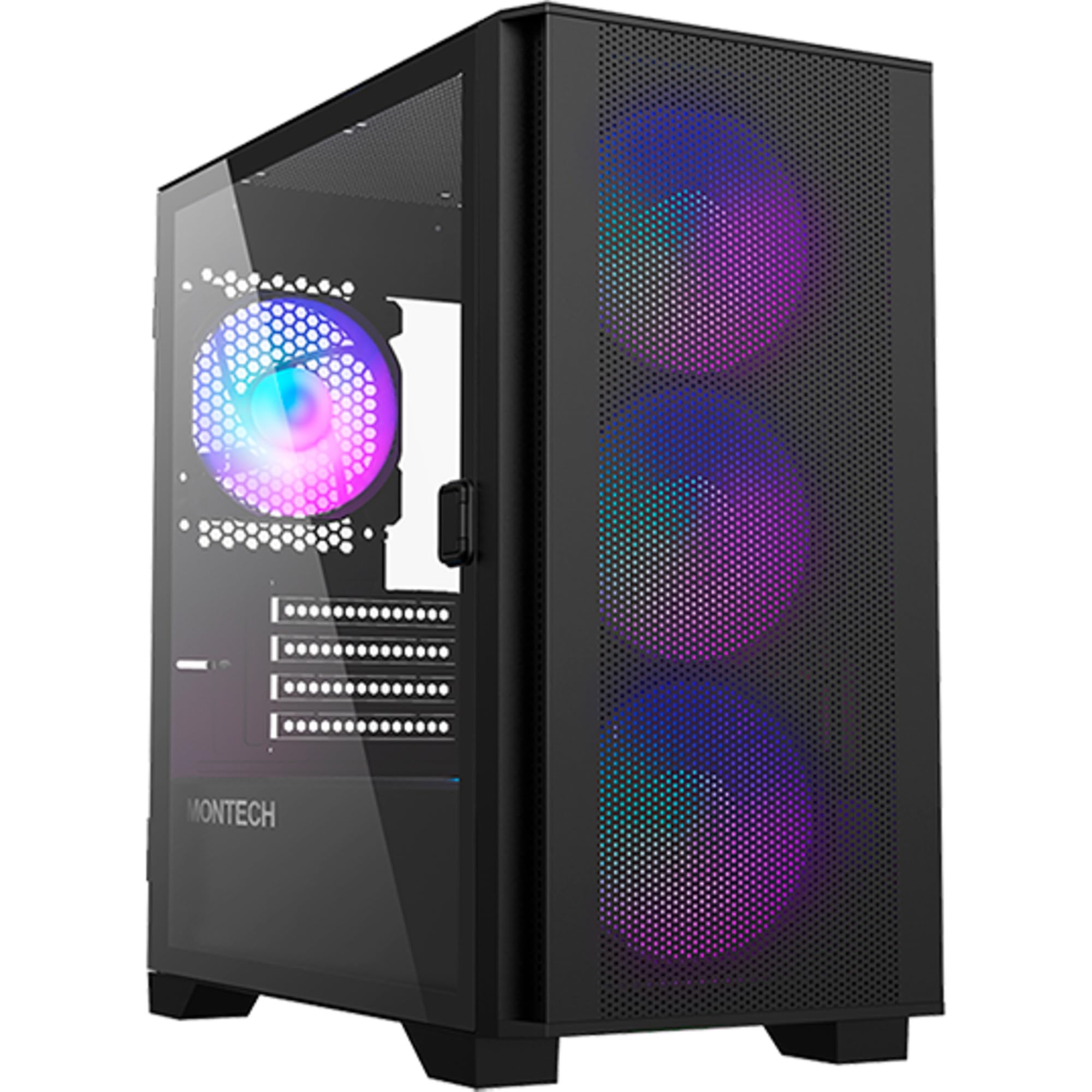 Photo 1 of Montech AIR 100 ARGB Micro-ATX Tower with Four ARGB Fans Pre Installed, Ultra-Minimalist Design, Fine Mesh Front Panel, High Airflow, Unique Side Swivel Tempered Glass, Black