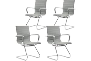 Wahson Office Guest Chairs No Wheels & Reception Chairs, Leather Waiting Room Chair Mid Back Conference Chairs with Sled Base for Meeting/Lobby/Restroom, Grey (4 Pack)