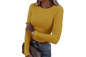 Roselux Womens Long Sleeve Stretch Crewneck Ribbed T-Shirt Fitted Casual Basic Tops