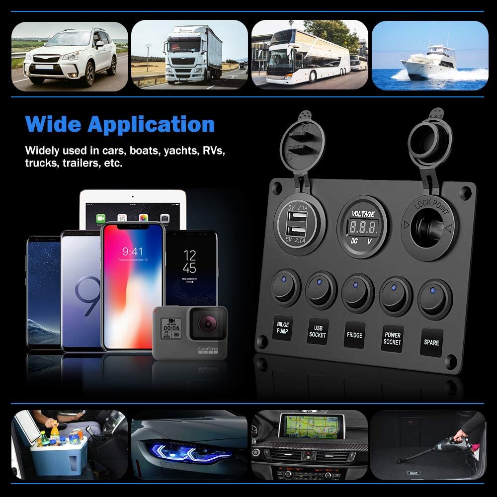 Electop 5 Gang Rocker Switch Panel, Toggle Switches/4.2A Dual USB Socket Charger/LED Voltmeter/12V Power Outlet Aluminum Panel Mount with 15A Fuses Pre-wired Waterproof for Car Boat Truck Marine RV: Automotive