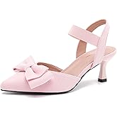 fereshte Women's Bow Low Kitten Heels Pumps Elastic Ankle Strap Slip On Slingback Dress Shoes