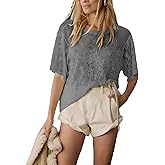 Aimiray Women's Sexy Lace Tops Short Sleeve Round Neck Mesh 3D Printed Floral Sheer Blouse See Through Layering Shirt Tops