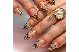 NBNTGH Gold French Tip Press on Nails Short Almond Fake Nails Nude False Nails With 3D Gold Irregularity Chrome Design Glue on Nails Glossy Acrylic Full Cover Star Moon Stick on Nails for Women 24Pcs