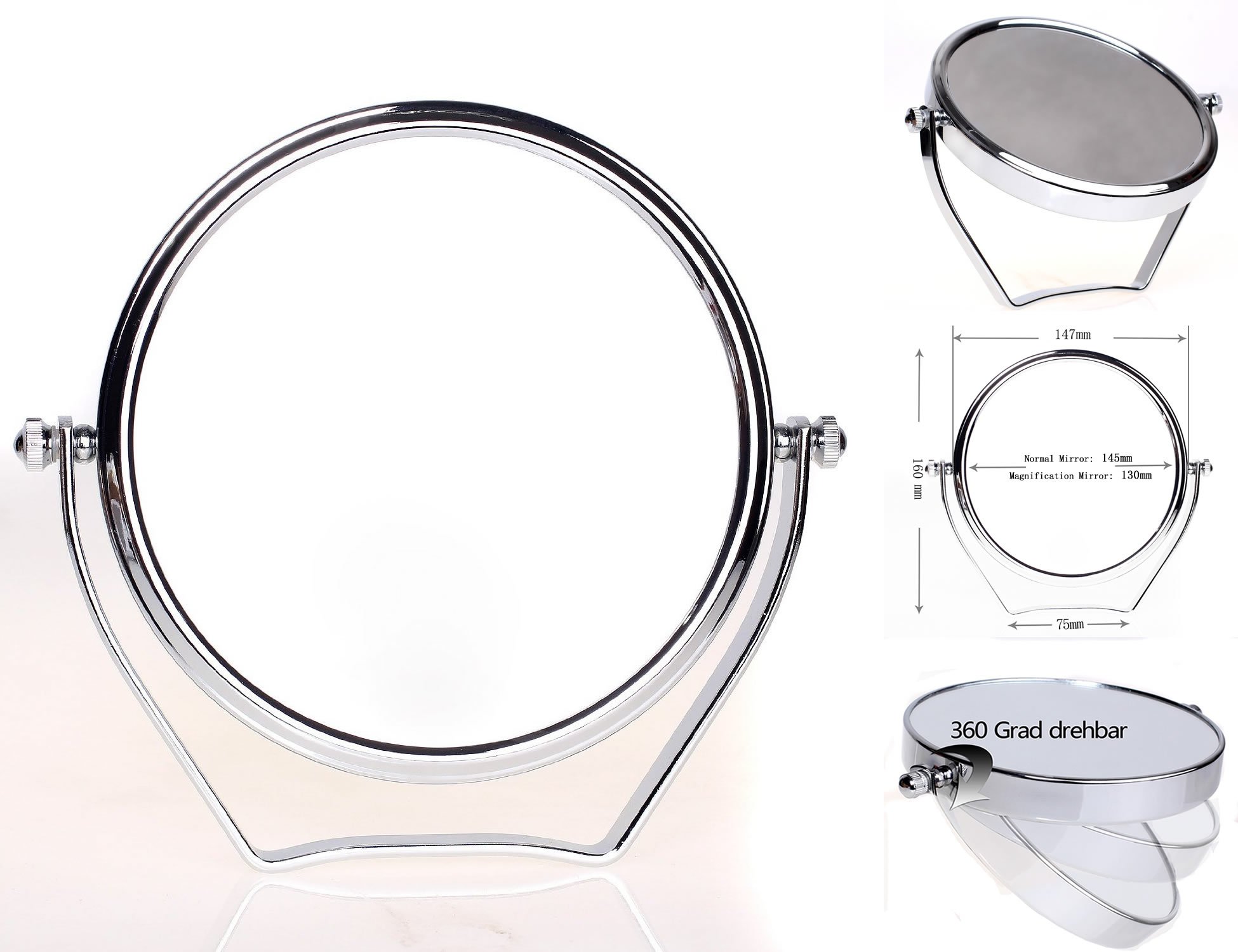 HIMRY KXD3102-10x Cosmetic Mirror 6 Inch 360° Rotation 2 Mirrors Normal and 10x Magnification 13 cm Diameter Chrome-Plated