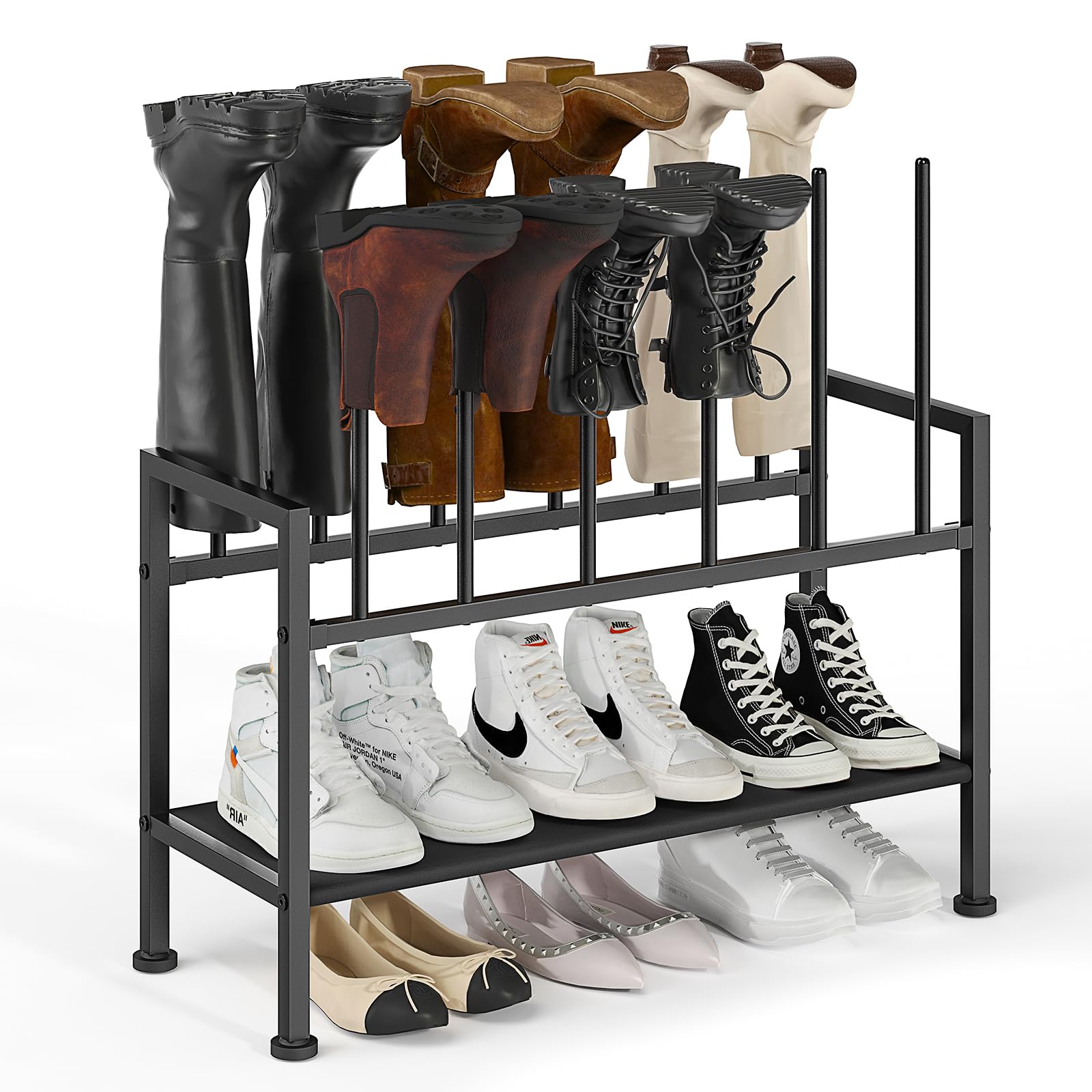 Photo 1 of DIMJ Free Standing Shoe Racks - 3-Tier Boot Rack, Black Metal Storage Organizer for Tall Boots, Sneakers, Closet Organizer, Multiuse Shoe Rack, Fits 6 Pairs