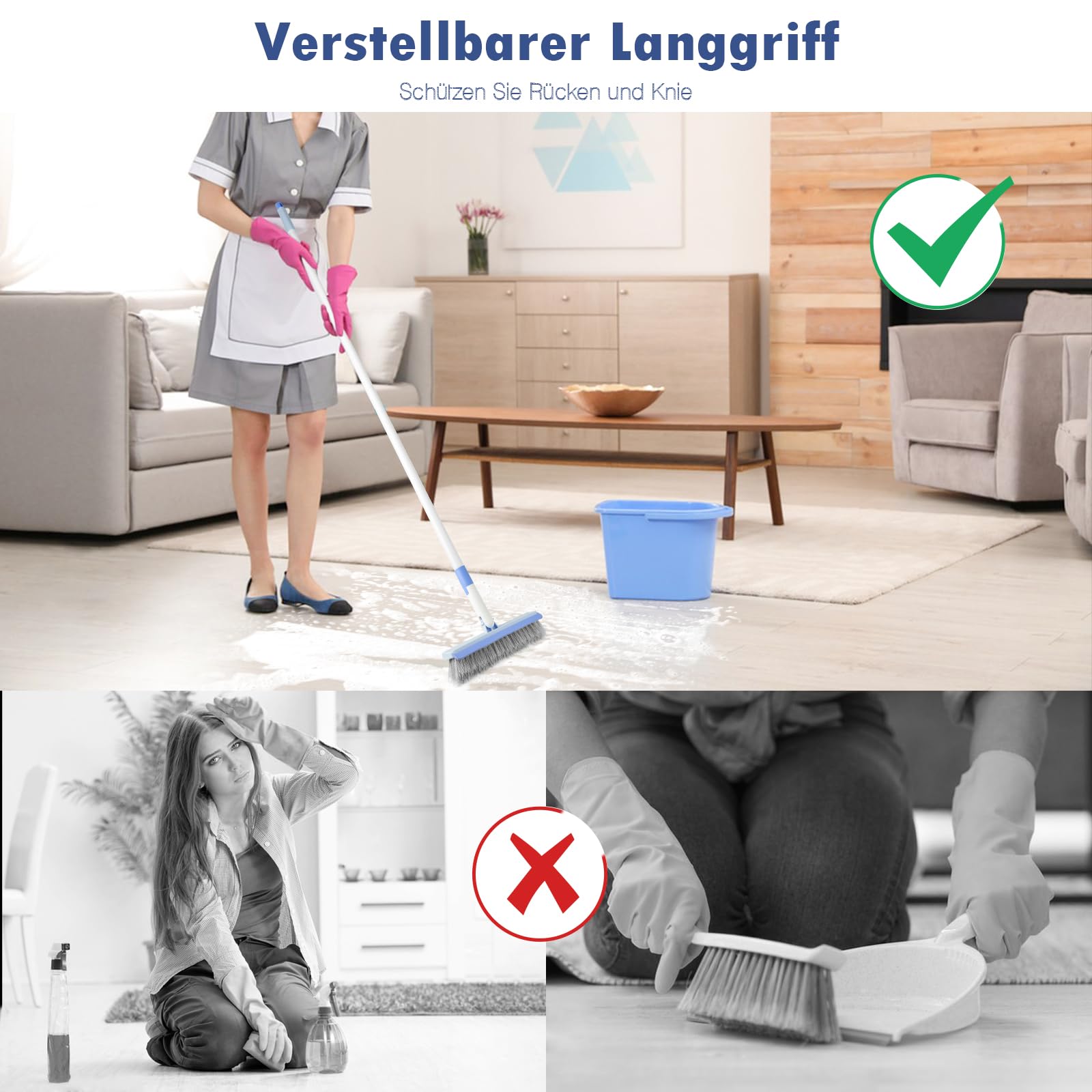 XXFLOWER Schrubber mit Stiel Terrasse,3 in 1 Bodenschrubber und V-Förmige Fugenbürste mit Langem Stiel Scheuerbürste Bürste mit Steifen Borsten,Balkon Terrassenfliesen Reiniger,Bodenbürste Besen Blau 4