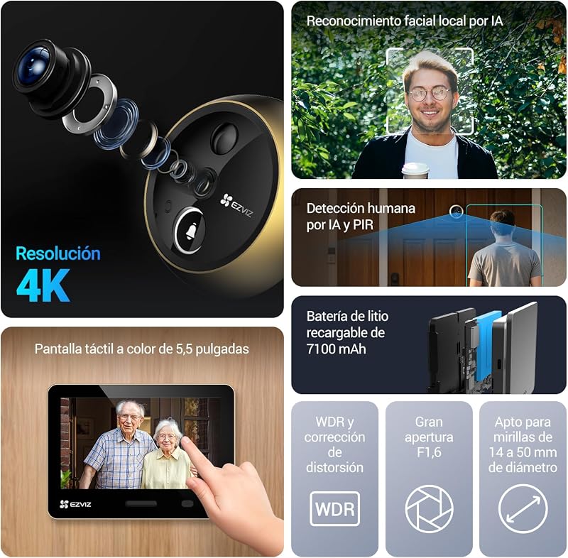 EP4 4K WiFi Digital Peephole para porta, ecrã tátil a cores de 5,5", campainha de vídeo sem fios, reconhecimento facial por IA, 7100 mAh, deteção PIR, áudio bidirecional, privacidade protegida, ouro