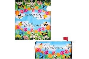 Flowers Mailbox Cover, 21x19 Inch Standard Size Spring Summer Floral Mailbox Cover Butterfly Tulip Magnetic Mailbox Wrap Post