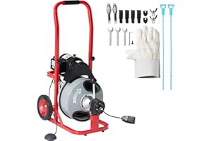 Albott 100 FT x 1/2 inch Electric Drain Cleaner Machine with Auto-Feed & 10 Cutters, Sewer Snake Auger for 1–4 Inch Pipes, Foot Switch & Wheels, Ideal for Home & Commercial Use, Gray/Red