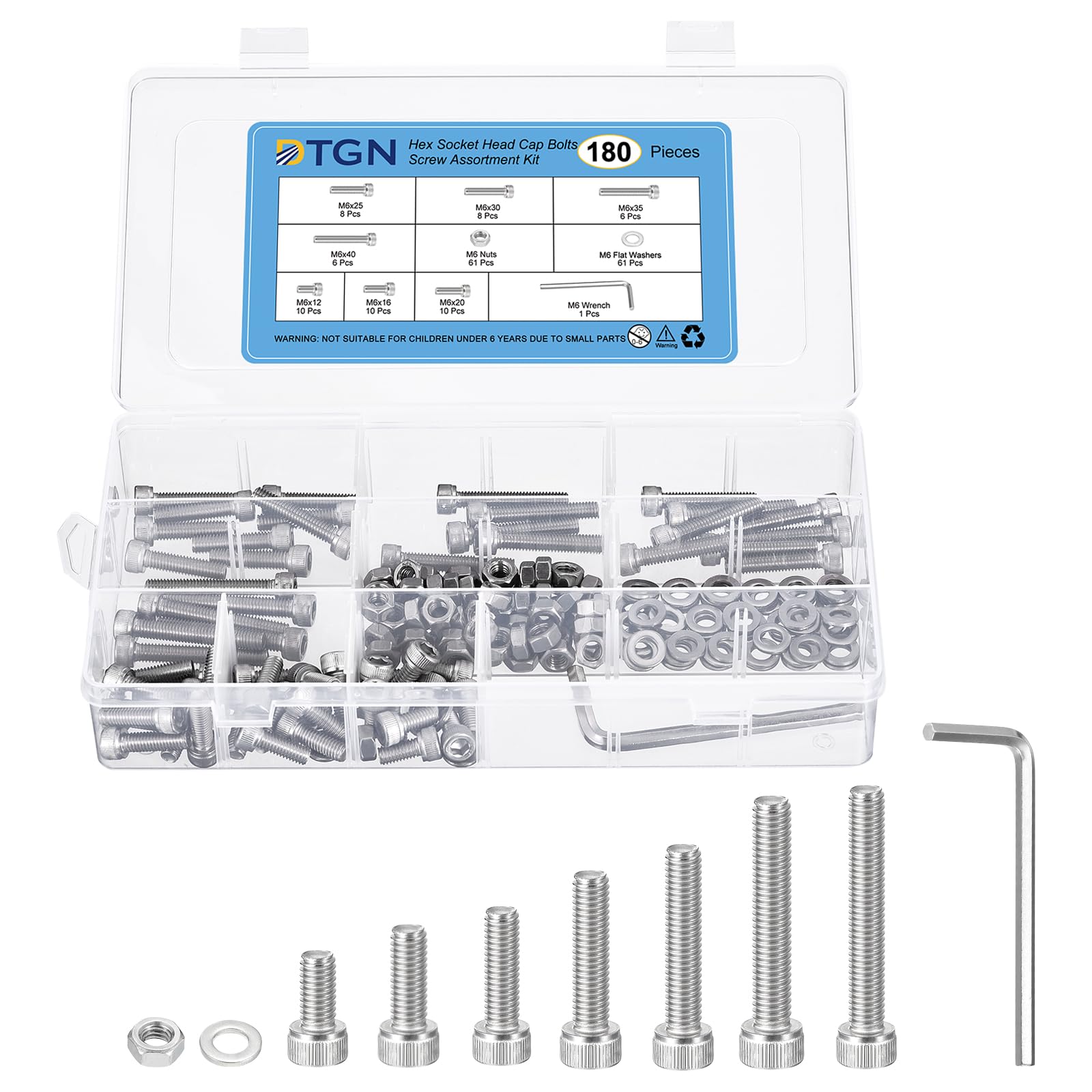 DTGN 180Pcs M6 Metric Screw Assortment, Bolts and Nuts Kit, 304 Stainless Steel M6x12/16/20/25/30/35/40mm Hex Socket Head Cap Screws Bolt Set With Wrench, Washers for 3D Printing DIY