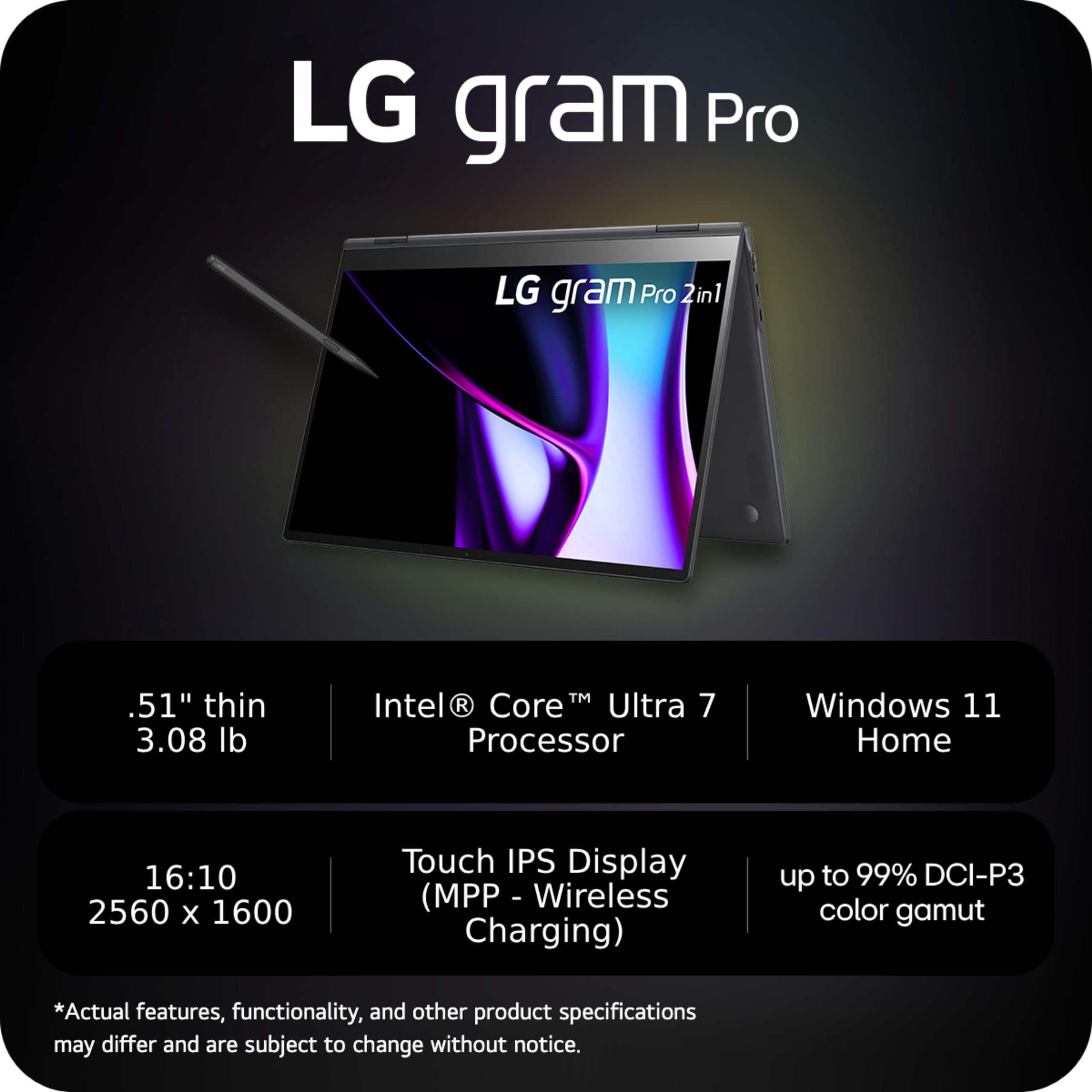 LG gram Pro 2 in1 16-Inch Lightweight and Versatile Laptop Intel Evo Edition - Intel Core Ultra 7 16GB RAM 1TB SSD - Black