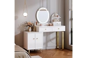 Chrangmay White Modern Vanity Desk,Retractable Makeup Vanity,with LDE Mirror and 2 Spacious Drawers,Makeup Desk with Cabinet,Dressing Table with 3 Sections Silent Drawer Slides, for Girls and Women