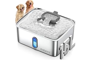 SIBAYS 4Gal/15L Dog Water Fountain for Large Dogs, Stainless Steel Large Pet Water Fountain, Ultra Quiet Automatic Dog Water Bowl Dispenser with Water Level Window and LED Light(FS78, Silver-Grey)