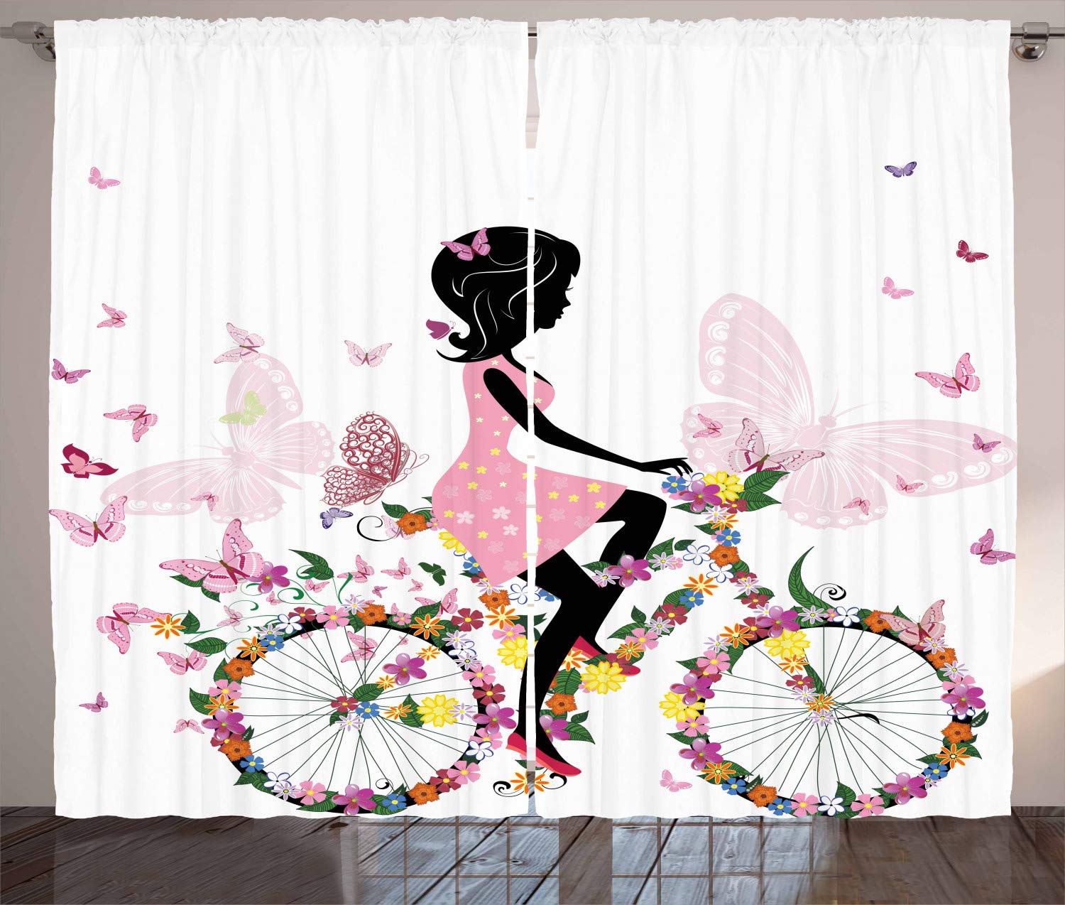 ABAKUHAUS Bicycle Curtains, Girl in Pink Dress Riding a Bike Colorful Flowers and Romantic Butterflies, Living Room Bedroom Window Drapes 2 Panel Set, 280 x 175 cm, Powder Pink White — image 1