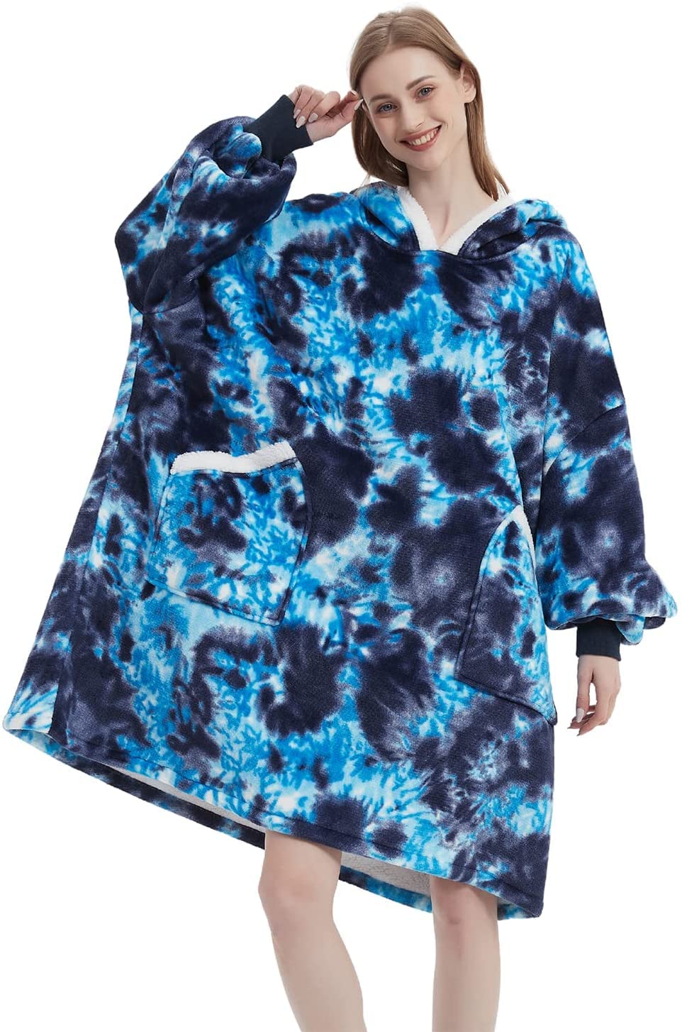 cotton yangda Oversized Hoodie Blanket Fluffy Fleece Blanket Hoodie Sweatshirt w/ Deep Pockets, Cozy Warm Fleece Sherpa, Gifts Adults Mom Wife Girlfriend Men, Dark Blue Tie-dye, One size fits all