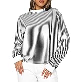 BAIGRAM Women Oversized Crewneck Striped Tee Tops Y2K Aesthetic Fall Outfits Long Sleeve Preppy Pullover Tshirt Sweatshirt