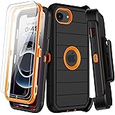 KECAI for iPhone 16e Case with Belt Clip Holster,Screen Protector X2,Heavy Duty Shockproof Drop Protection Military Grade 3 Layers Full Covered Rugged Durable Phone Cover for Apple 16e (Black Orange)
