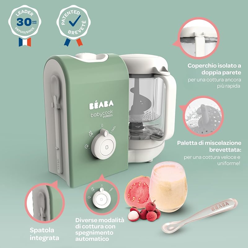BEABA, Babycook Express, Robot Baby 4 in 1 Frullatore, Cottura Express 15 min, Miscelazione personalizzata, Cottura a Vapore Dolce e Sano, Scongelamento, Texture omogenea, Capacità 1.250 ml, Verde